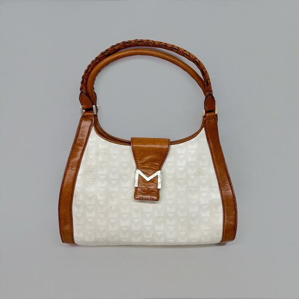 Vintage Michael Kors Monogram Shoulder Bag - White and Tan Leather Trim